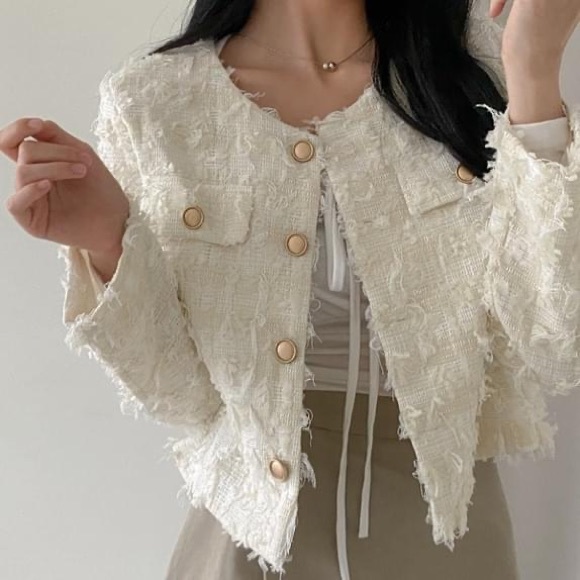 a.Peach Fuzzy White Jacket With Gold Buttons - Picture 3 of 11